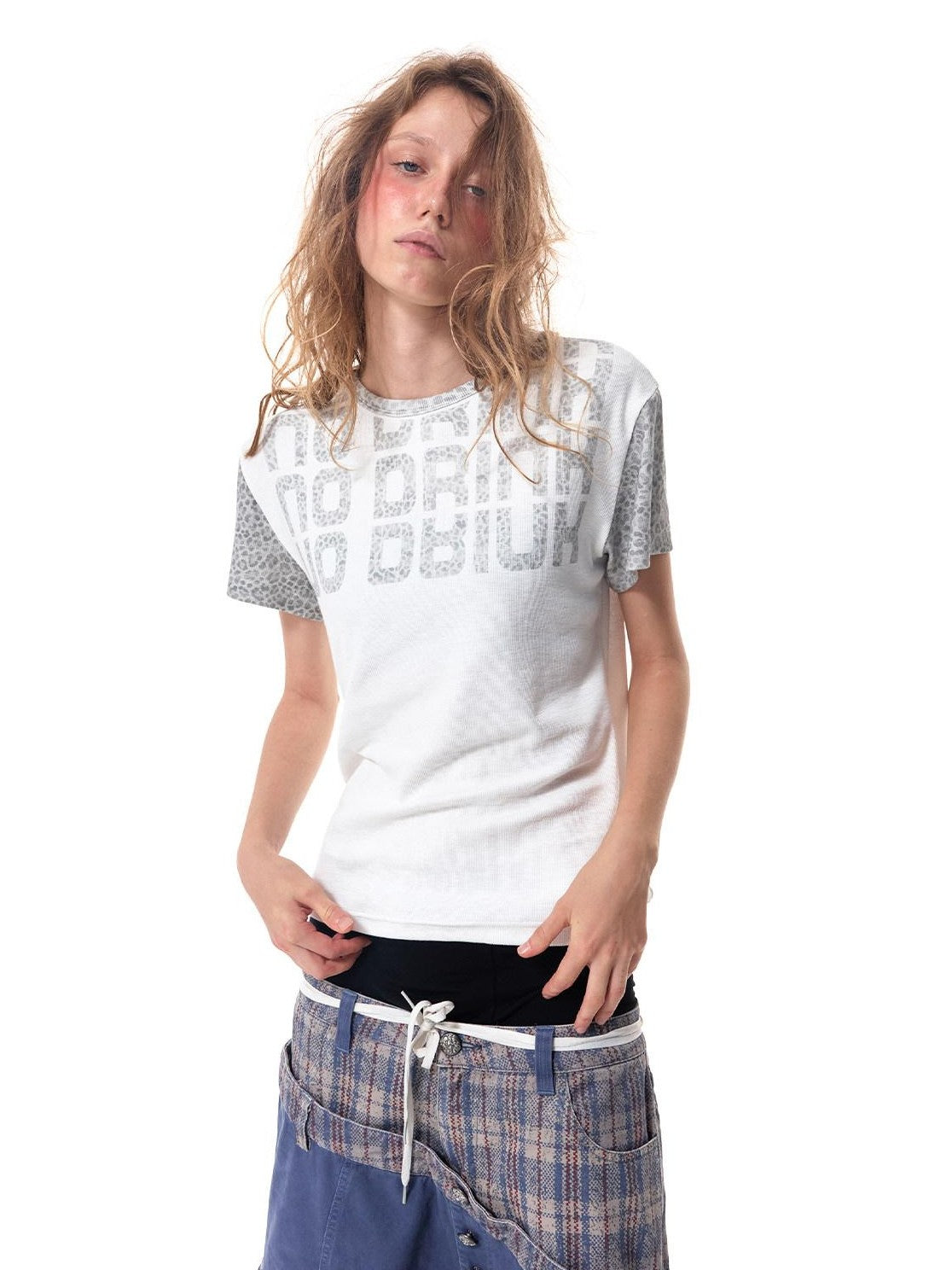 HAS2SONS Leopard Spliced Ribbed Slogan Women's Cotton Short Sleeve T-shirts