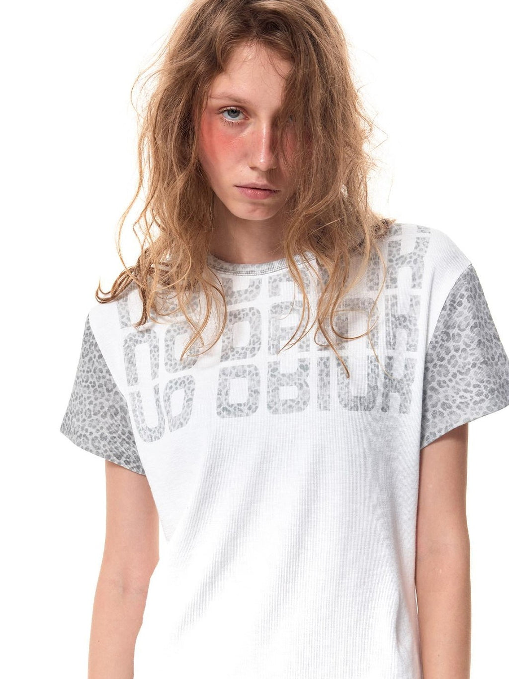 HAS2SONS Leopard Spliced Ribbed Slogan Women's Cotton Short Sleeve T-shirts