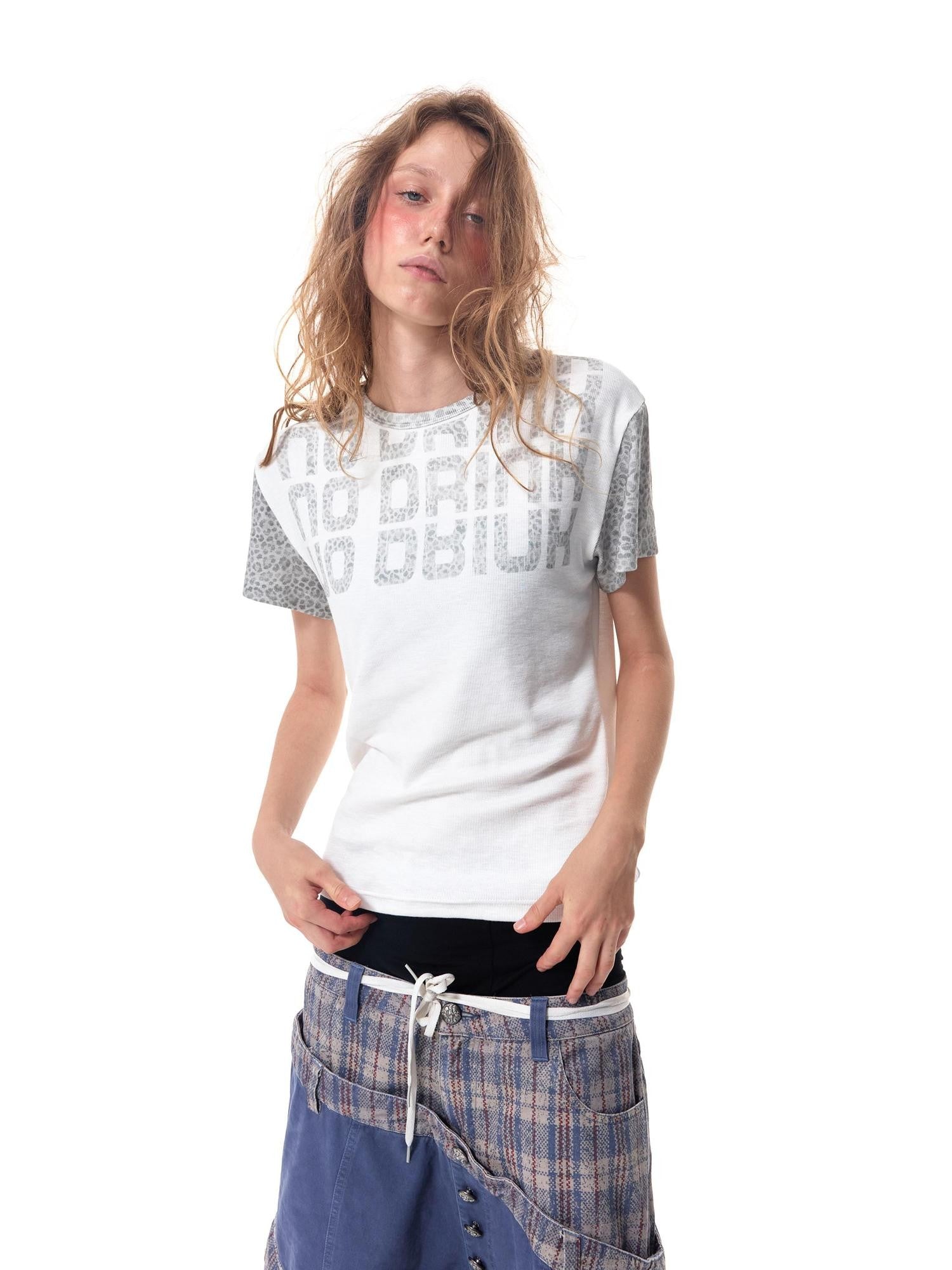 HAS2SONS Leopard Spliced Ribbed Slogan Women's Cotton Short Sleeve T-shirts
