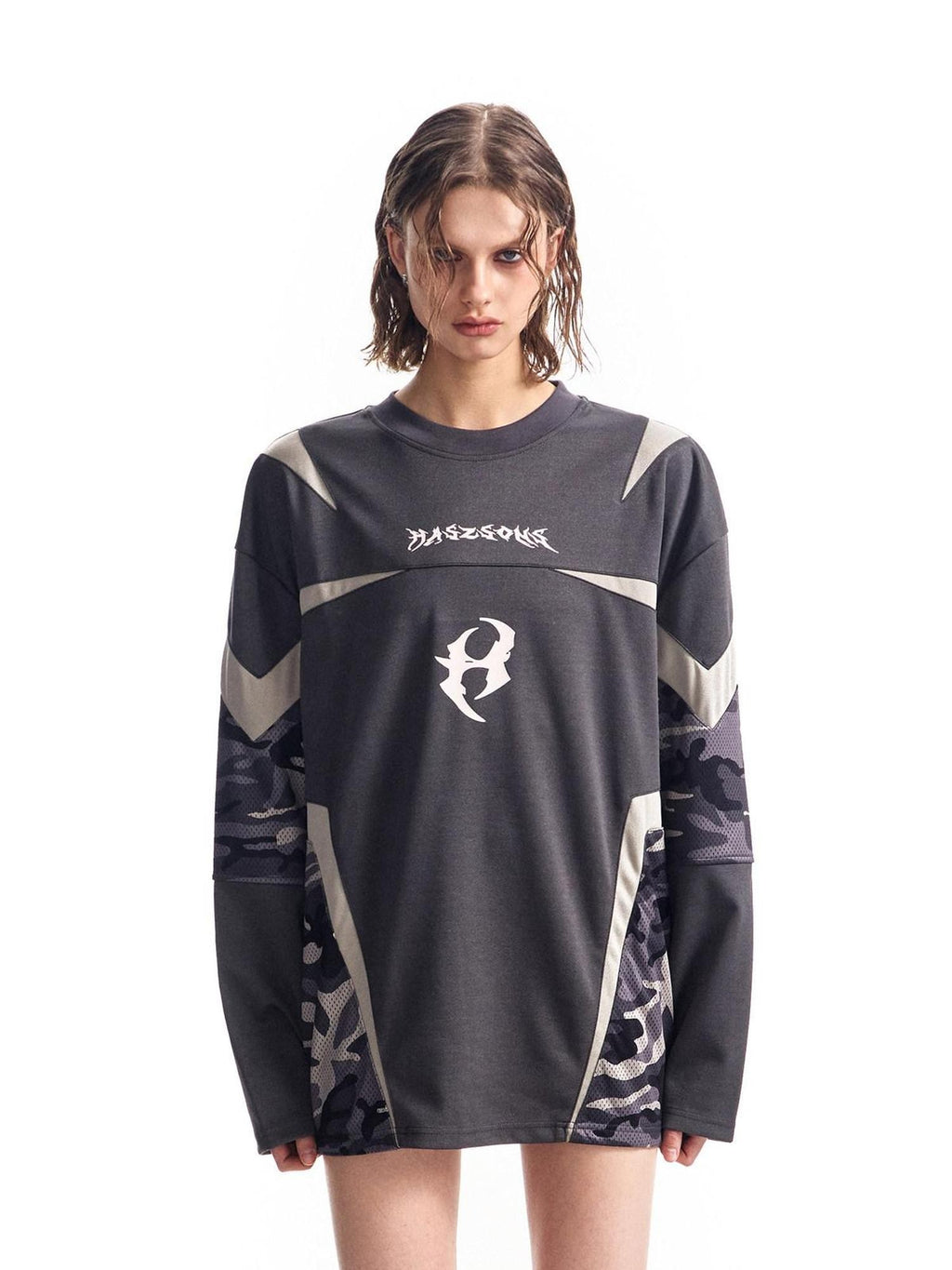 HAS2SONS Mesh Deconstructed Camouflage Patchwork Women's Polyester Long Sleeve T-shirts