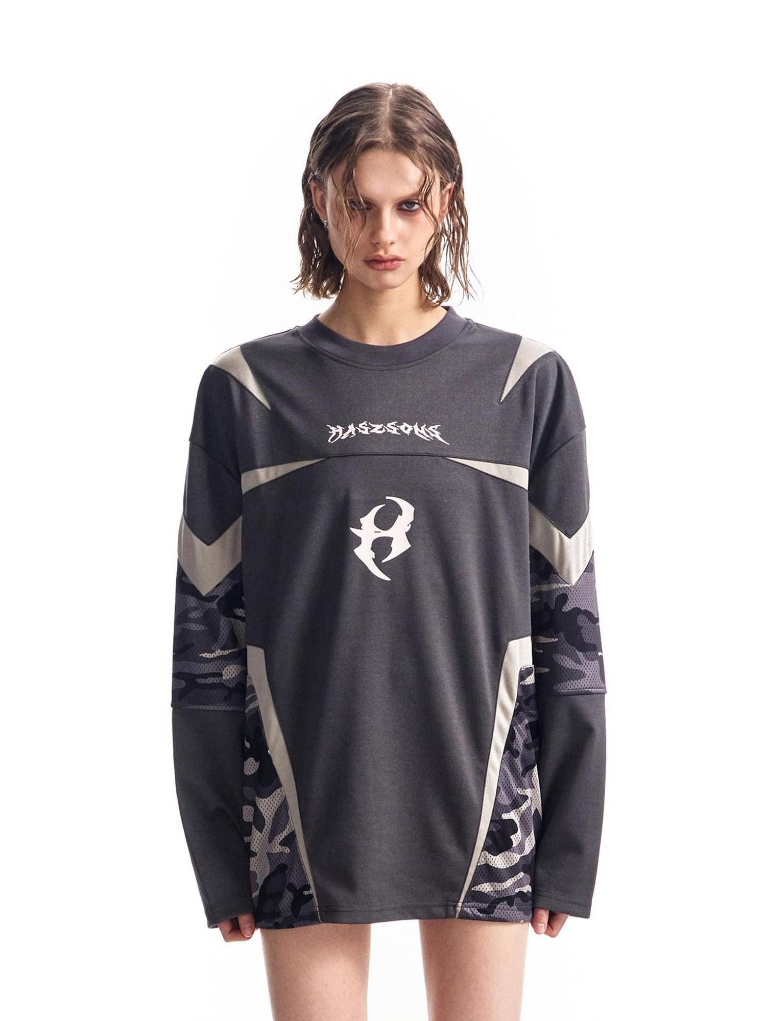 HAS2SONS Mesh Deconstructed Camouflage Patchwork Women's Polyester Long Sleeve T-shirts