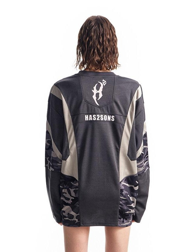 HAS2SONS Mesh Deconstructed Camouflage Patchwork Women's Polyester Long Sleeve T-shirts