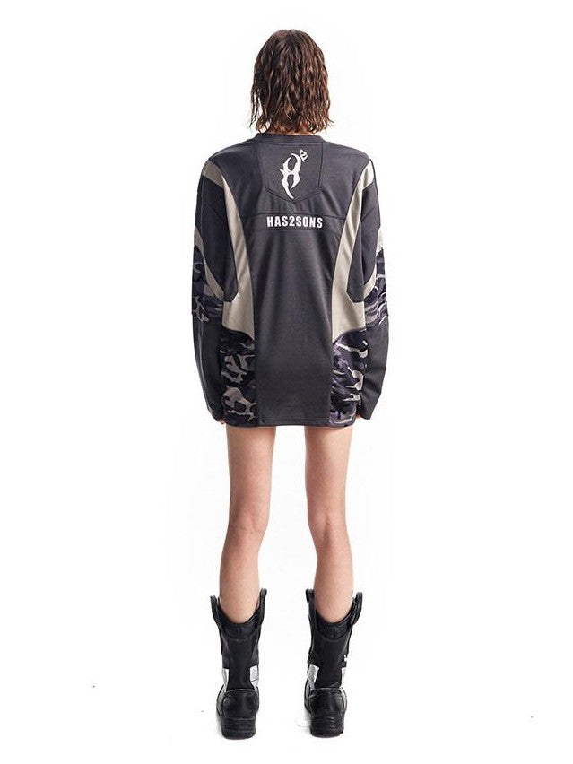 HAS2SONS Mesh Deconstructed Camouflage Patchwork Women's Polyester Long Sleeve T-shirts