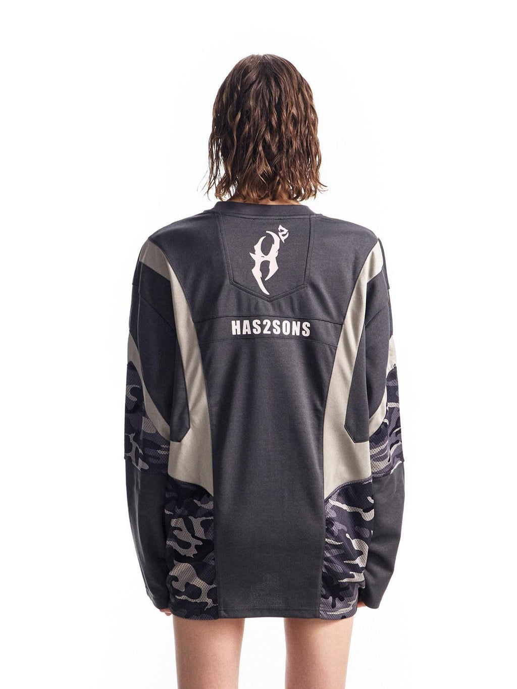 HAS2SONS Mesh Deconstructed Camouflage Patchwork Women's Polyester Long Sleeve T-shirts
