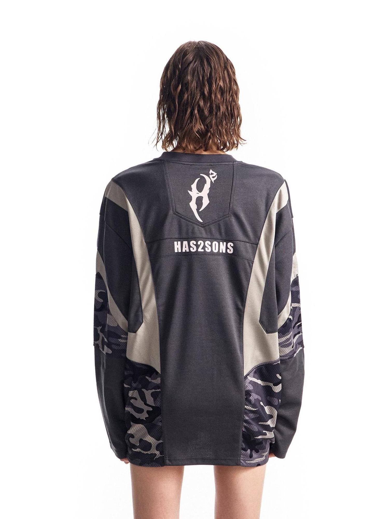 HAS2SONS Mesh Deconstructed Camouflage Patchwork Women's Polyester Long Sleeve T-shirts