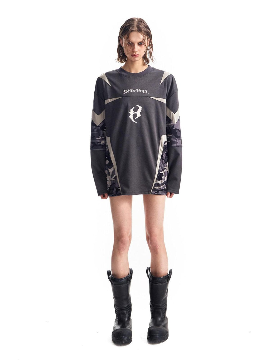 HAS2SONS Mesh Deconstructed Camouflage Patchwork Women's Polyester Long Sleeve T-shirts