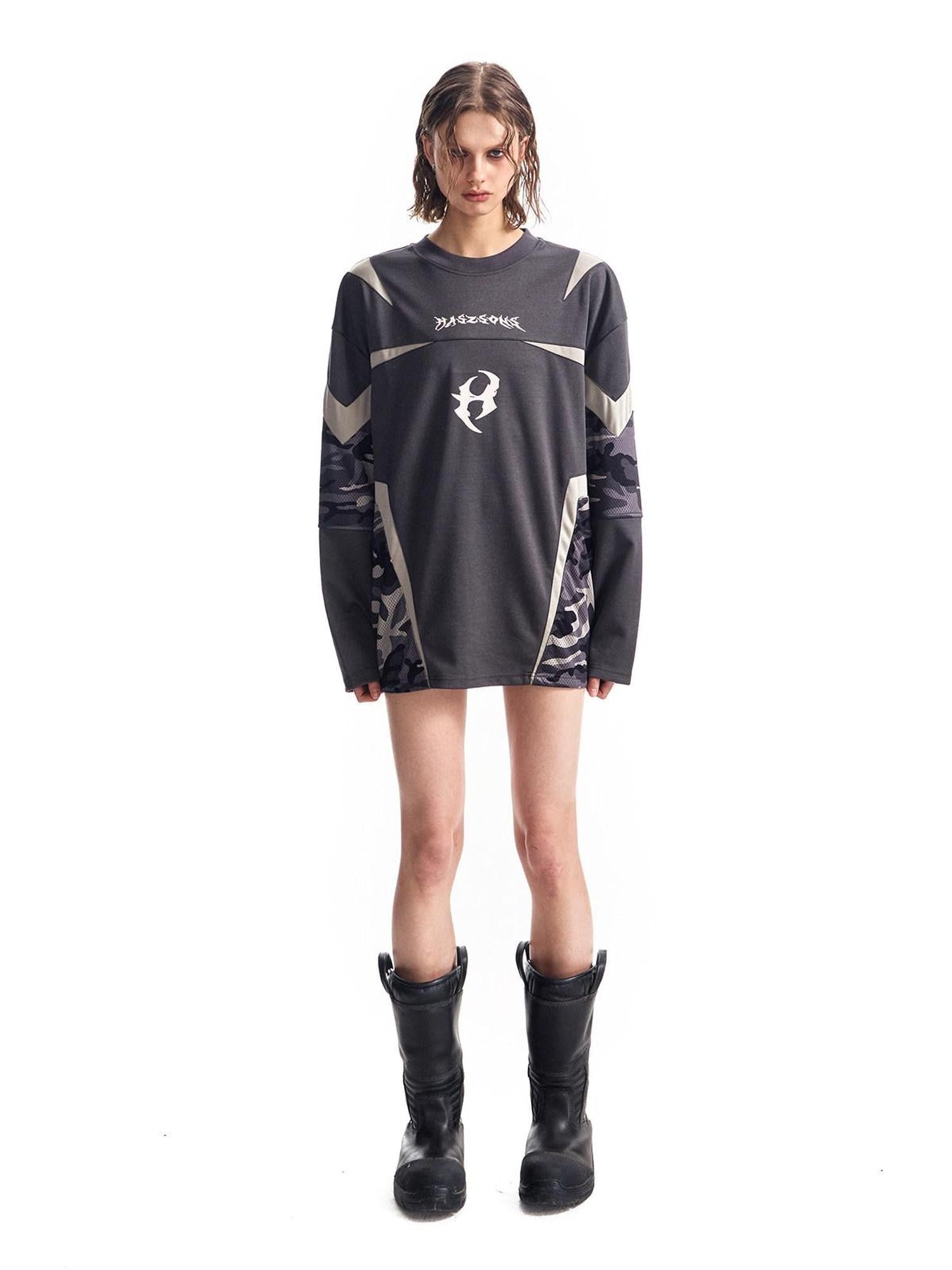 HAS2SONS Mesh Deconstructed Camouflage Patchwork Women's Polyester Long Sleeve T-shirts