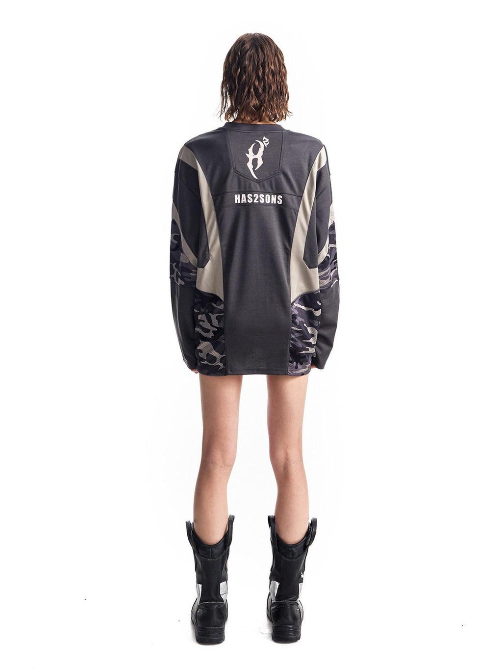 HAS2SONS Mesh Deconstructed Camouflage Patchwork Women's Polyester Long Sleeve T-shirts