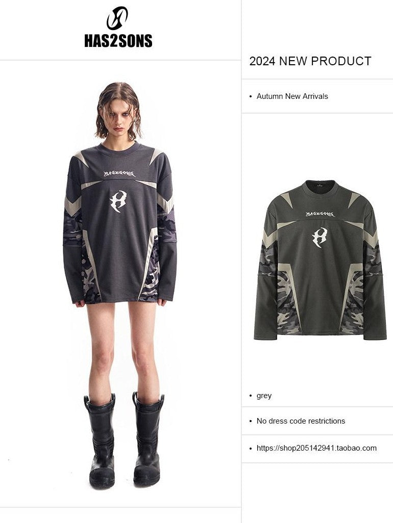 HAS2SONS Mesh Deconstructed Camouflage Patchwork Women's Polyester Long Sleeve T-shirts
