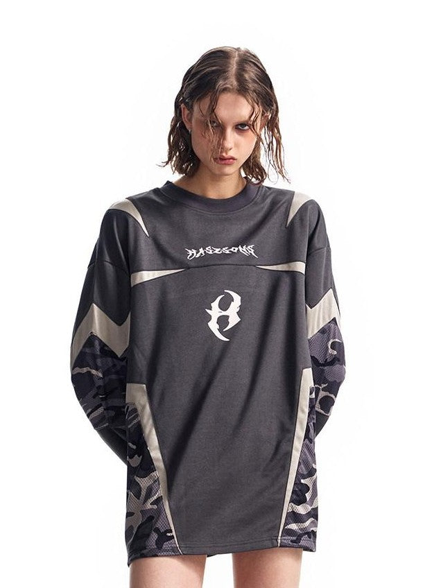 HAS2SONS Mesh Deconstructed Camouflage Patchwork Women's Polyester Long Sleeve T-shirts