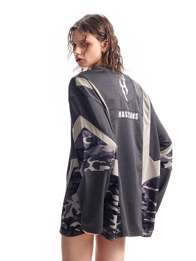 HAS2SONS Mesh Deconstructed Camouflage Patchwork Women's Polyester Long Sleeve T-shirts