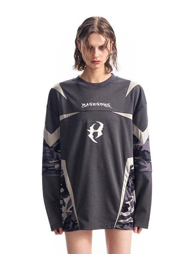 HAS2SONS Mesh Deconstructed Camouflage Patchwork Women's Polyester Long Sleeve T-shirts