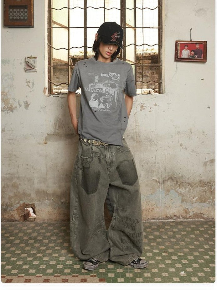 HAS2SONS Olive Green Deconstructed Slogan Women's Denim Relaxed Jeans
