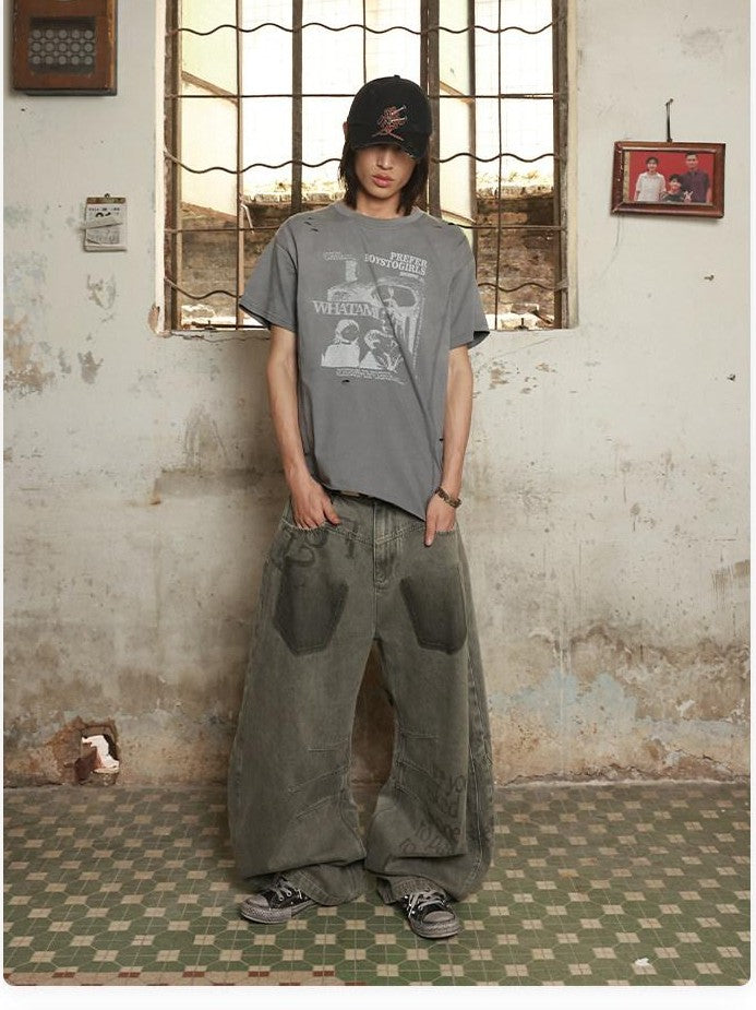 HAS2SONS Olive Green Deconstructed Slogan Women's Denim Relaxed Jeans