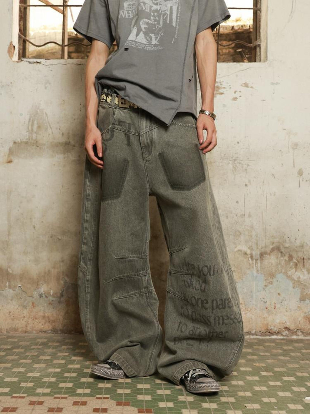 HAS2SONS Olive Green Deconstructed Slogan Women's Denim Relaxed Jeans