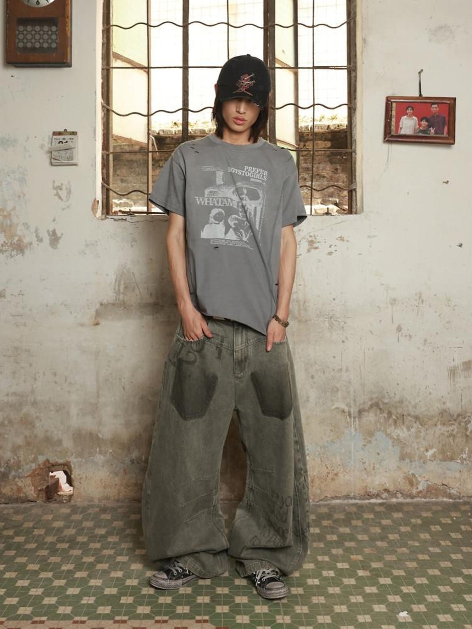 HAS2SONS Olive Green Deconstructed Slogan Women's Denim Relaxed Jeans
