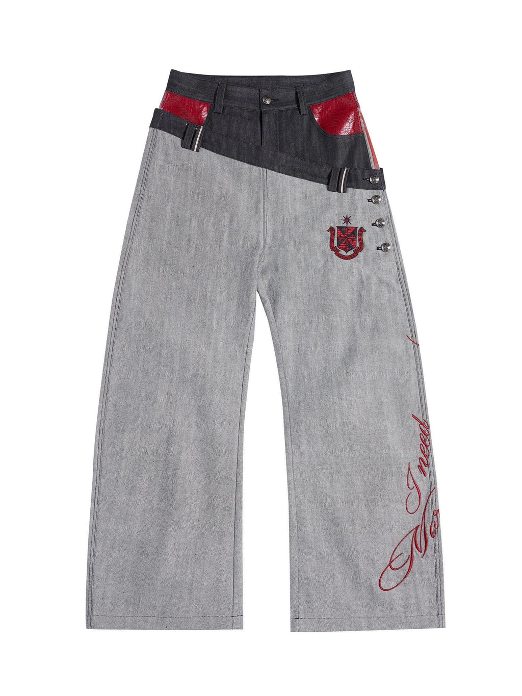 HAS2SONS Patchwork Lettering Taper Mid Rise Women's Raw Denim Selvedge Jeans
