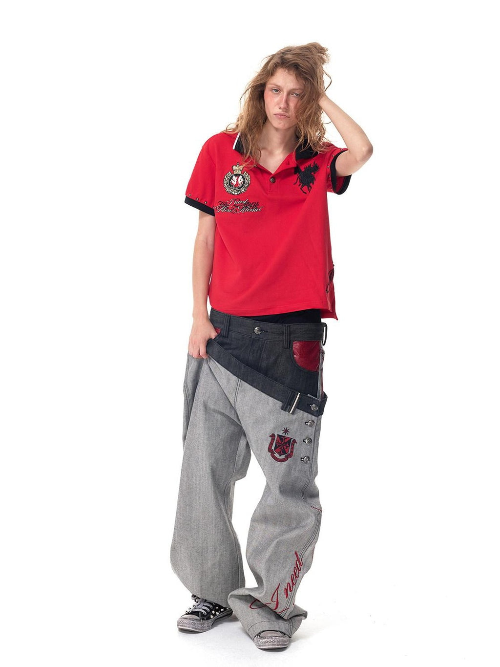 HAS2SONS Patchwork Lettering Taper Mid Rise Women's Raw Denim Selvedge Jeans