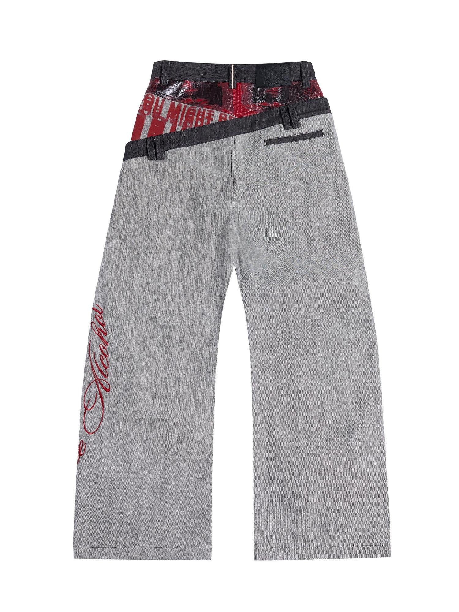 HAS2SONS Patchwork Lettering Taper Mid Rise Women's Raw Denim Selvedge Jeans