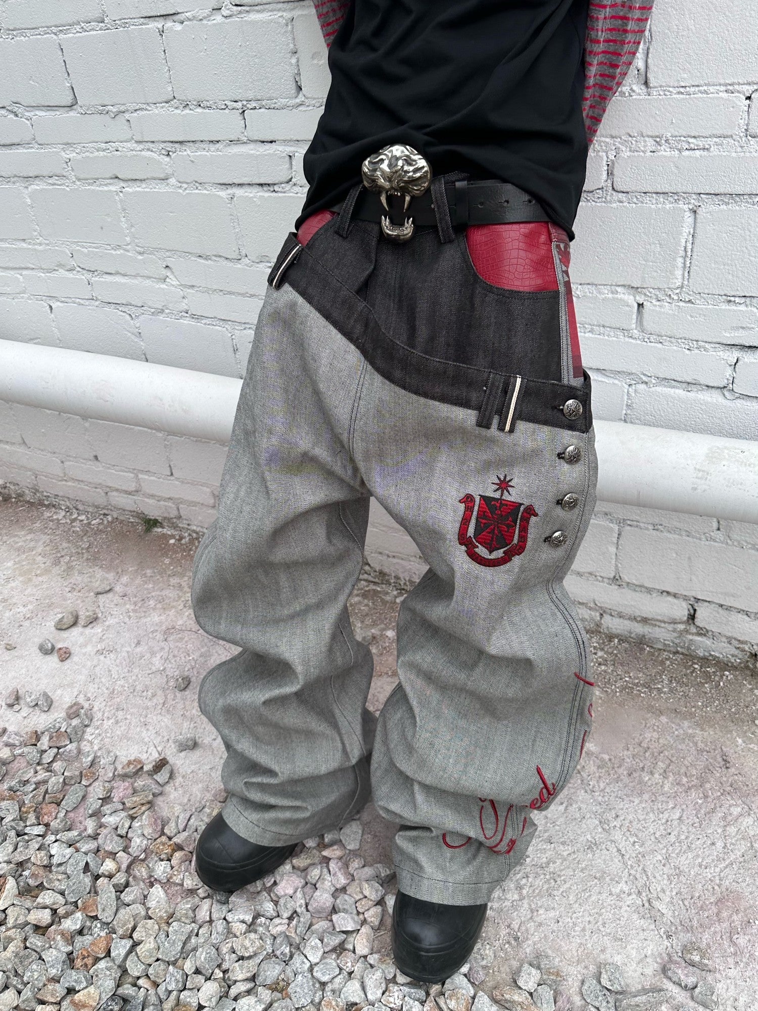 HAS2SONS Patchwork Lettering Taper Mid Rise Women's Raw Denim Selvedge Jeans