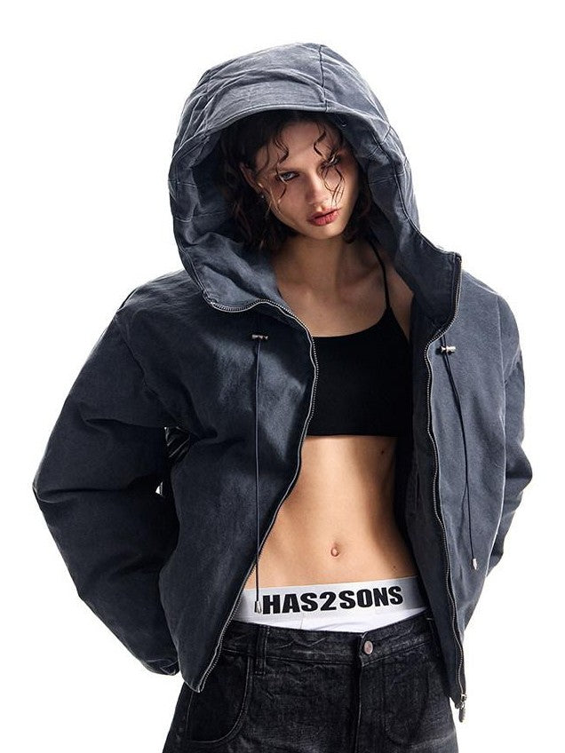 HAS2SONS Petrol Blue Washed Canvas Hooded Boxy Silhouette Women's Cotton Puffer Jackets