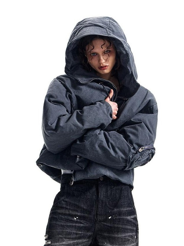 HAS2SONS Petrol Blue Washed Canvas Hooded Boxy Silhouette Women's Cotton Puffer Jackets
