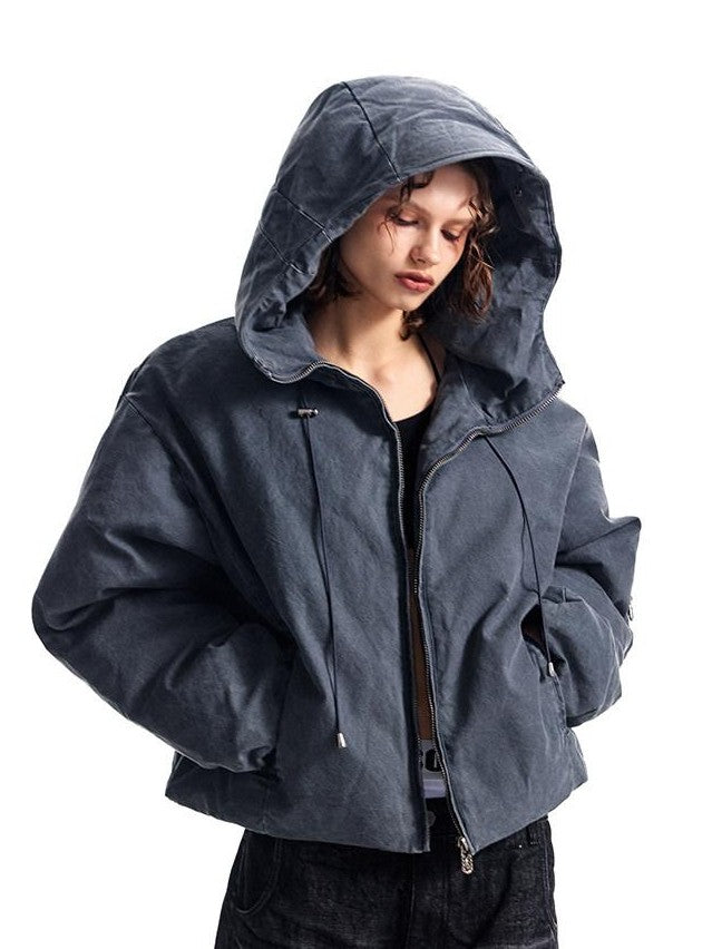 HAS2SONS Petrol Blue Washed Canvas Hooded Boxy Silhouette Women's Cotton Puffer Jackets