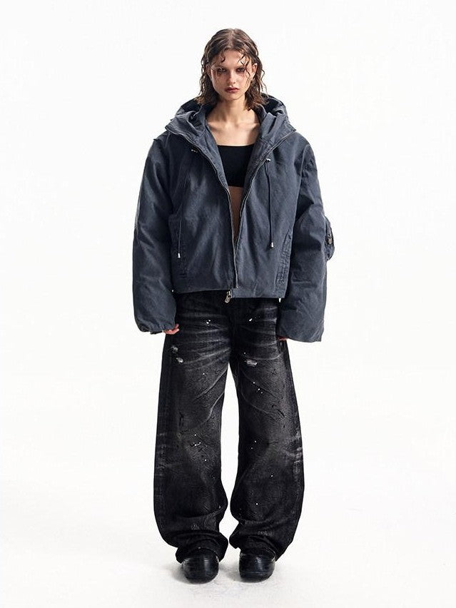 HAS2SONS Petrol Blue Washed Canvas Hooded Boxy Silhouette Women's Cotton Puffer Jackets