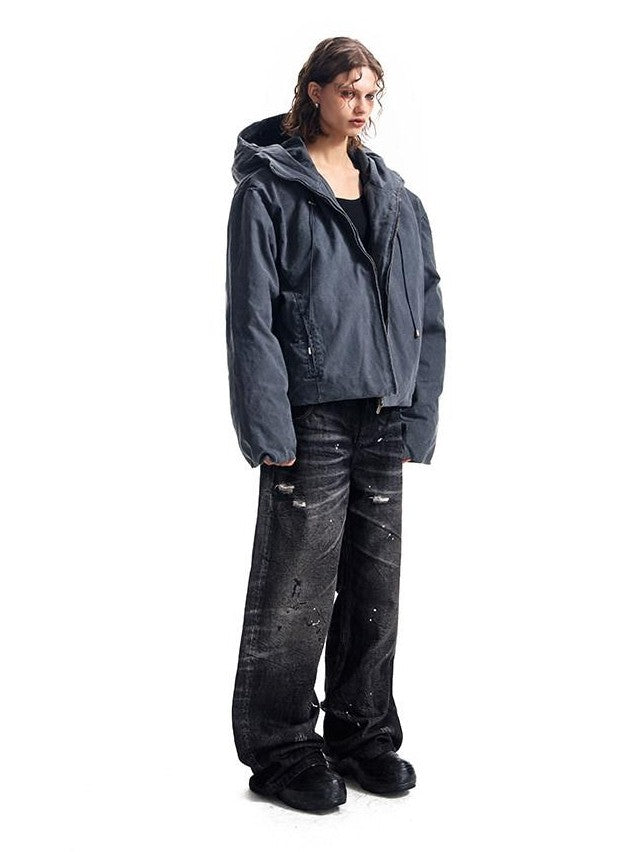 HAS2SONS Petrol Blue Washed Canvas Hooded Boxy Silhouette Women's Cotton Puffer Jackets