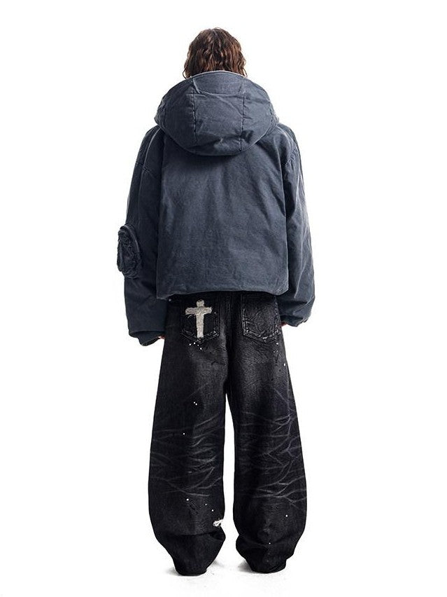 HAS2SONS Petrol Blue Washed Canvas Hooded Boxy Silhouette Women's Cotton Puffer Jackets