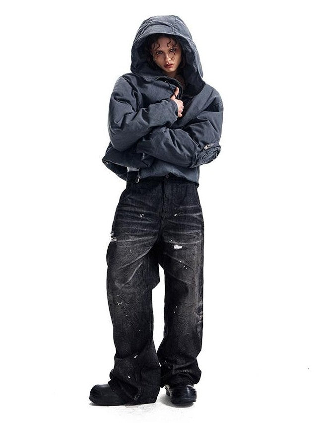 HAS2SONS Petrol Blue Washed Canvas Hooded Boxy Silhouette Women's Cotton Puffer Jackets