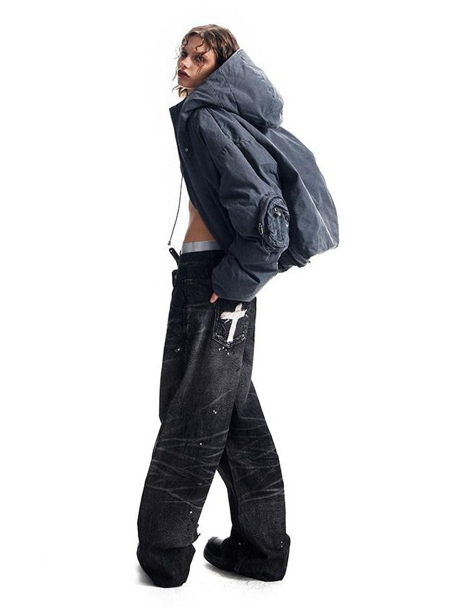 HAS2SONS Petrol Blue Washed Canvas Hooded Boxy Silhouette Women's Cotton Puffer Jackets