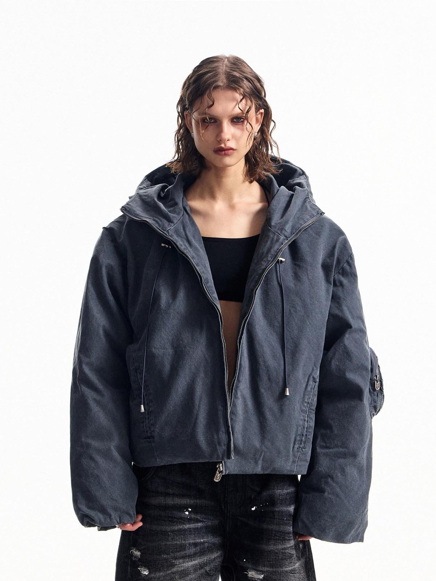 HAS2SONS Petrol Blue Washed Canvas Hooded Boxy Silhouette Women's Cotton Puffer Jackets
