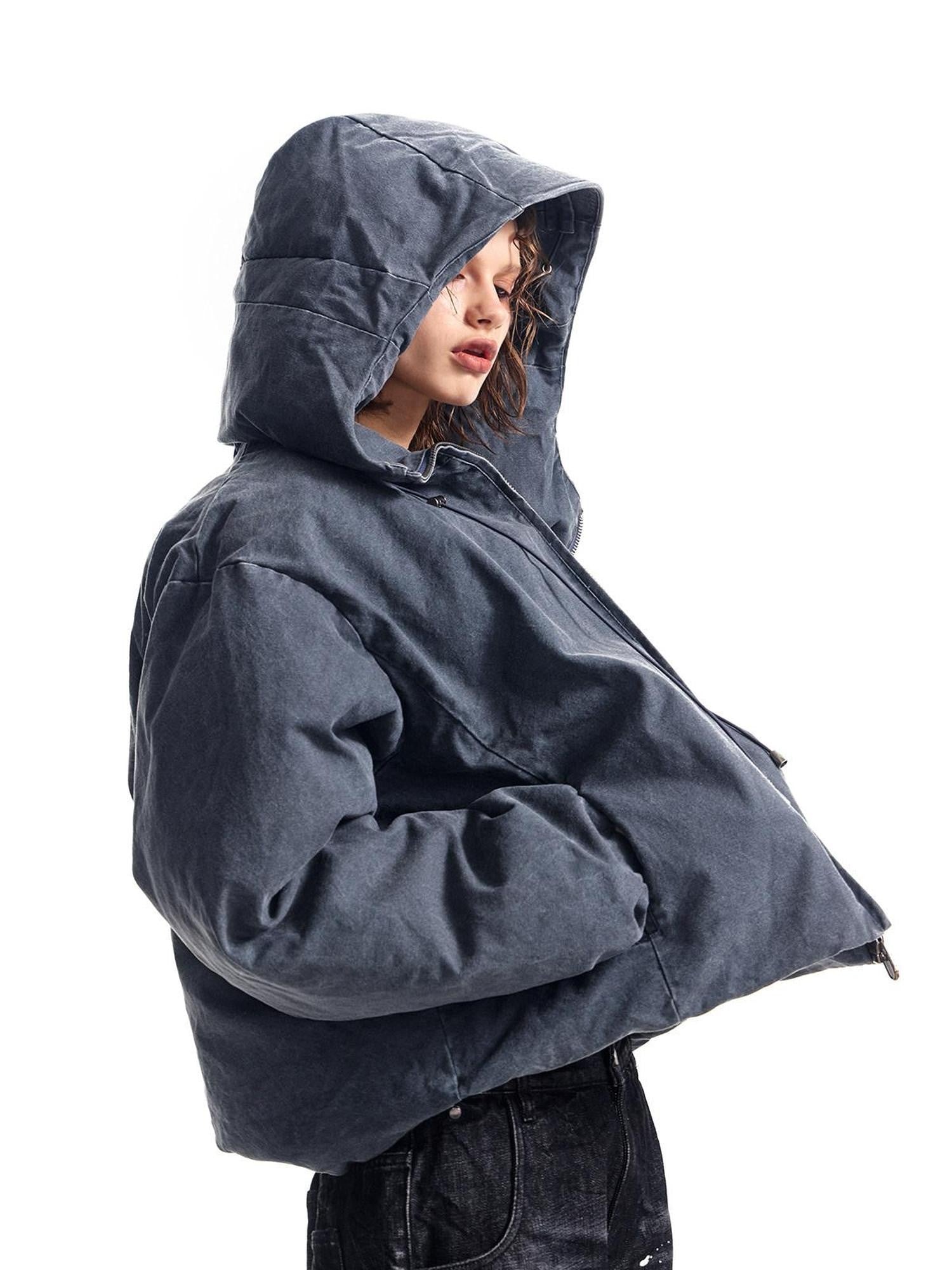 HAS2SONS Petrol Blue Washed Canvas Hooded Boxy Silhouette Women's Cotton Puffer Jackets