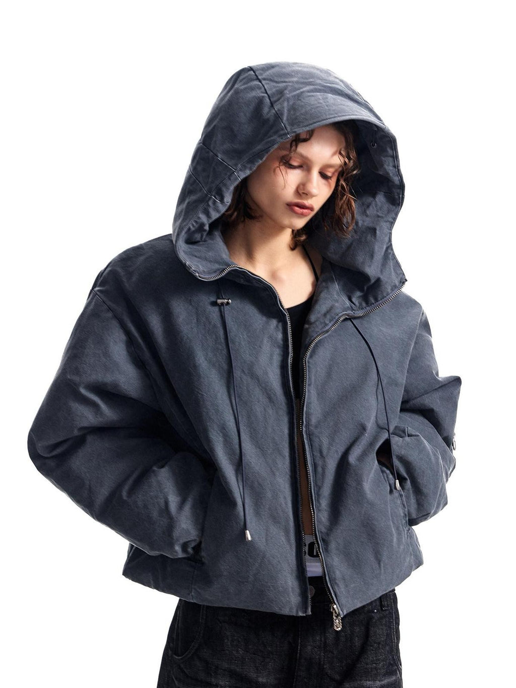 HAS2SONS Petrol Blue Washed Canvas Hooded Boxy Silhouette Women's Cotton Puffer Jackets