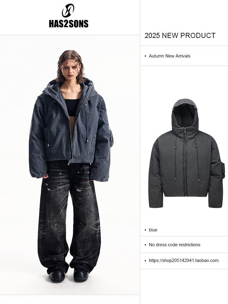 HAS2SONS Petrol Blue Washed Canvas Hooded Boxy Silhouette Women's Cotton Puffer Jackets