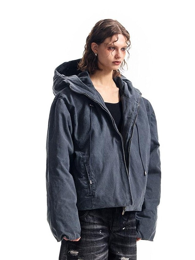 HAS2SONS Petrol Blue Washed Canvas Hooded Boxy Silhouette Women's Cotton Puffer Jackets