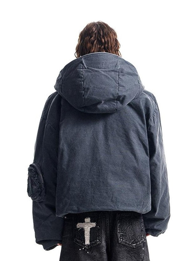 HAS2SONS Petrol Blue Washed Canvas Hooded Boxy Silhouette Women's Cotton Puffer Jackets