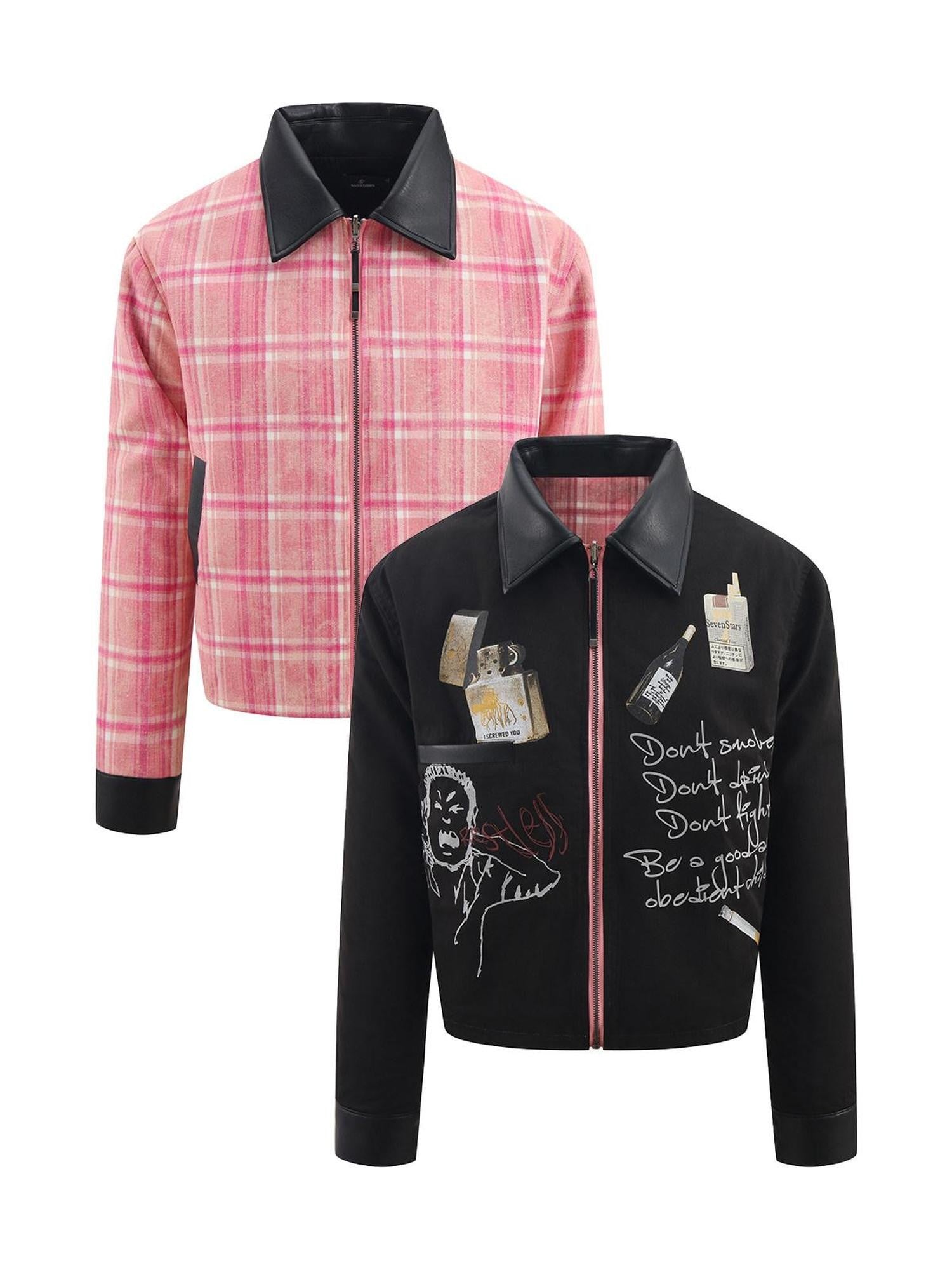 HAS2SONS Pink Plaid Reversible Printed Leather Trim Women's Polyester Coach Jackets
