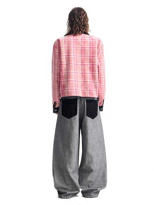 HAS2SONS Pink Plaid Reversible Printed Leather Trim Women's Polyester Coach Jackets