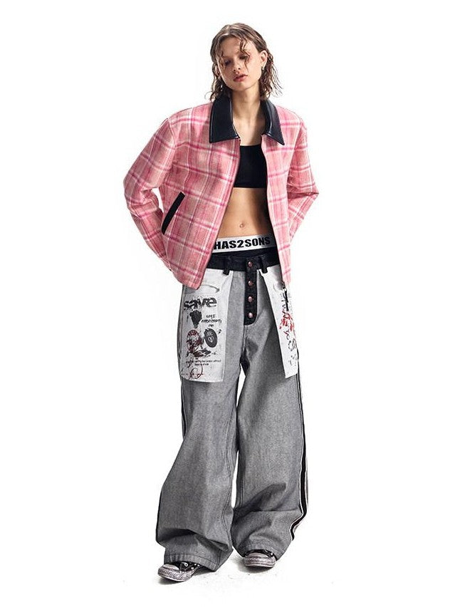 HAS2SONS Pink Plaid Reversible Printed Leather Trim Women's Polyester Coach Jackets