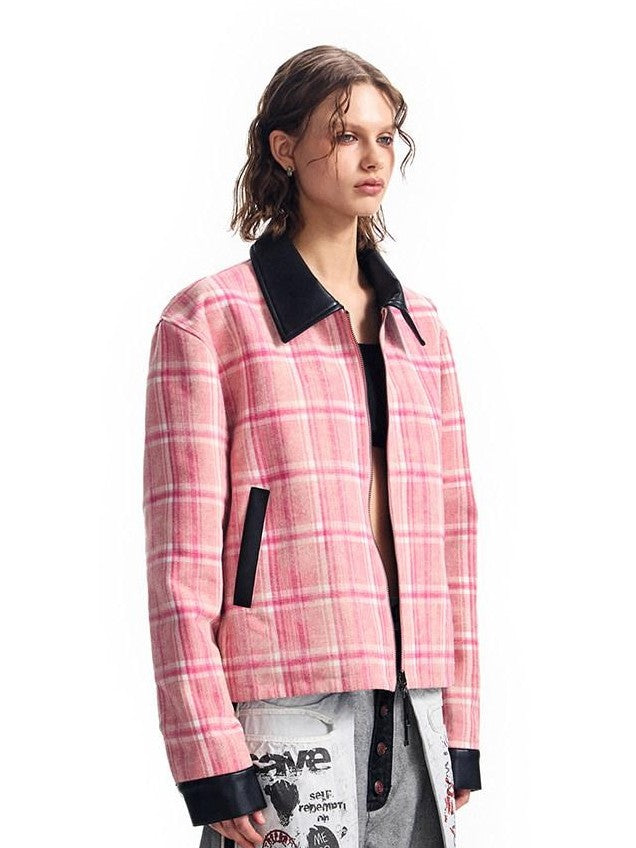 HAS2SONS Pink Plaid Reversible Printed Leather Trim Women's Polyester Coach Jackets