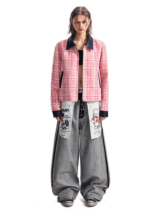 HAS2SONS Pink Plaid Reversible Printed Leather Trim Women's Polyester Coach Jackets