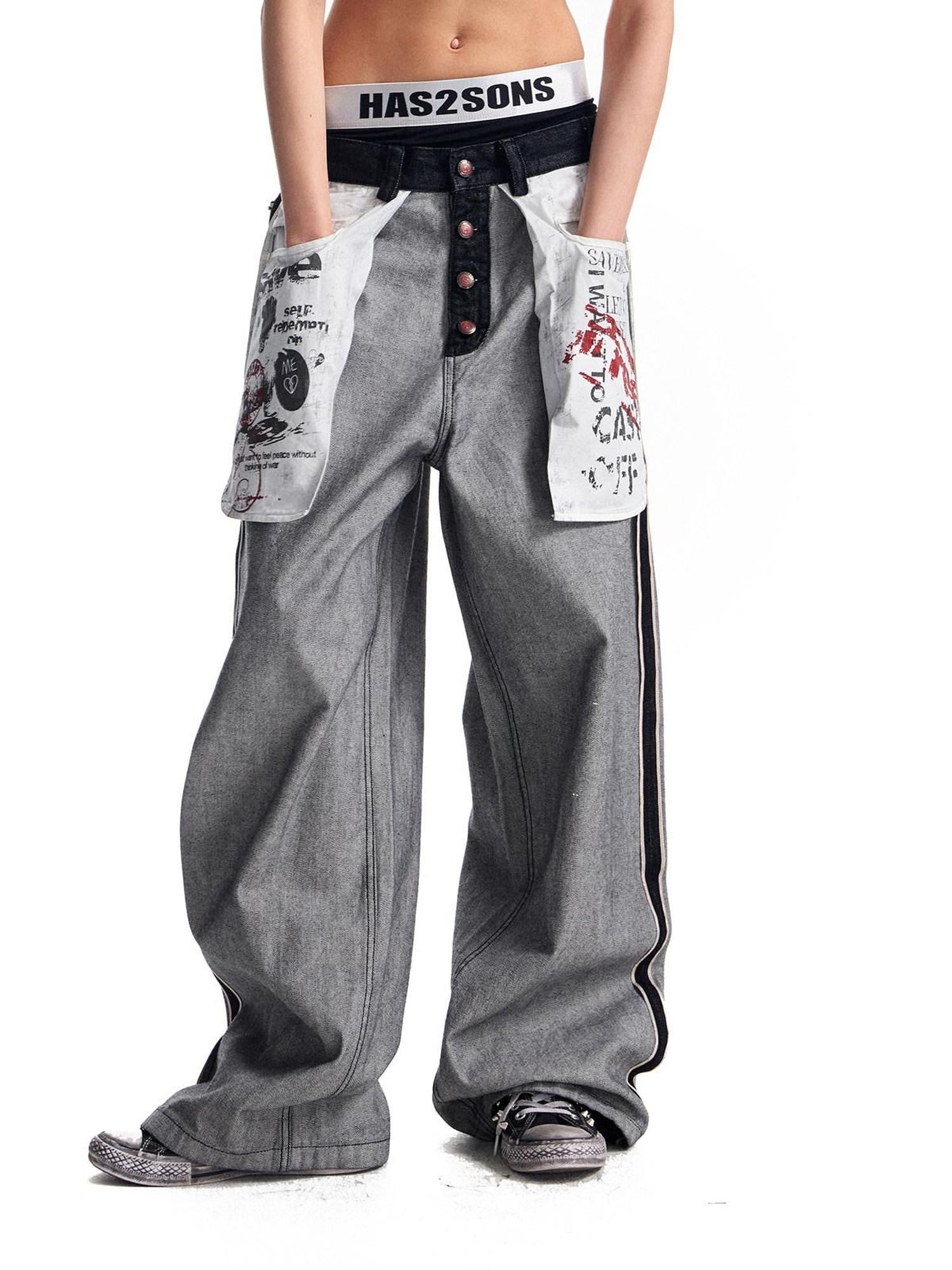 HAS2SONS Red Selvedge Raw Denim Oversized Pockets Printed Women's Cotton Straight Jeans