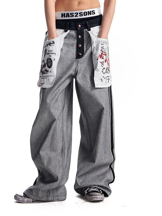 HAS2SONS Red Selvedge Raw Denim Oversized Pockets Printed Women's Cotton Straight Jeans