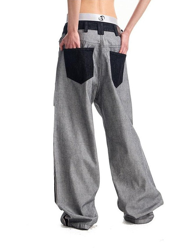 HAS2SONS Red Selvedge Raw Denim Oversized Pockets Printed Women's Cotton Straight Jeans