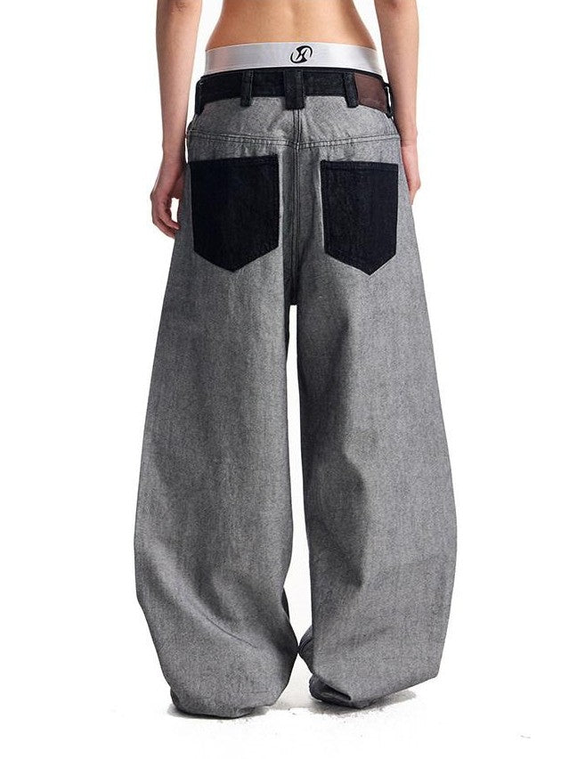 HAS2SONS Red Selvedge Raw Denim Oversized Pockets Printed Women's Cotton Straight Jeans