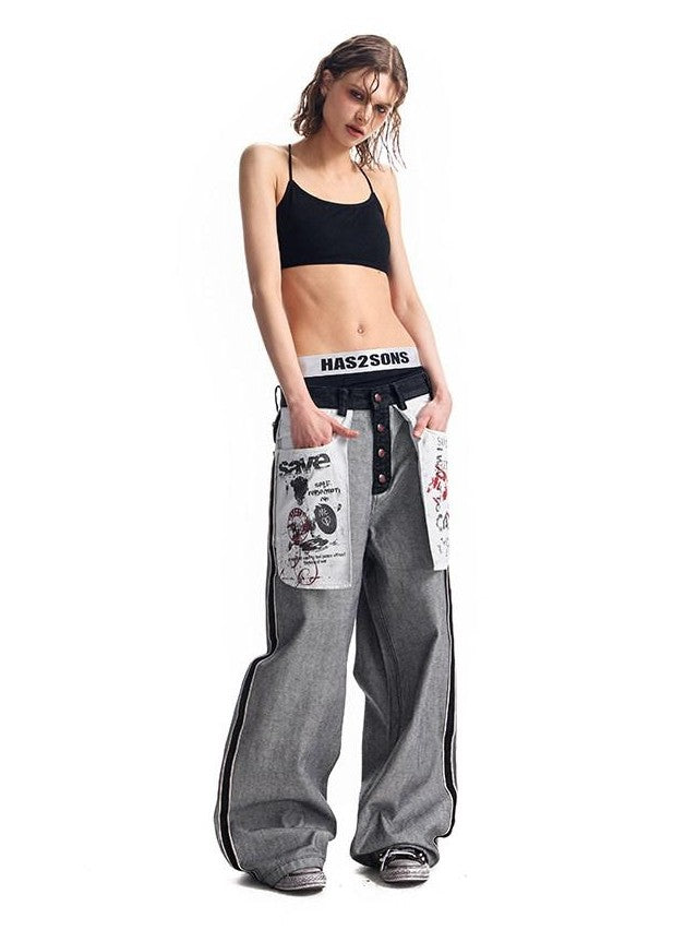 HAS2SONS Red Selvedge Raw Denim Oversized Pockets Printed Women's Cotton Straight Jeans