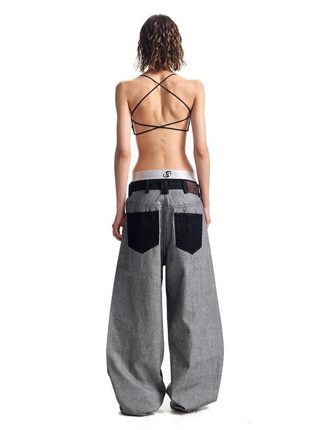 HAS2SONS Red Selvedge Raw Denim Oversized Pockets Printed Women's Cotton Straight Jeans