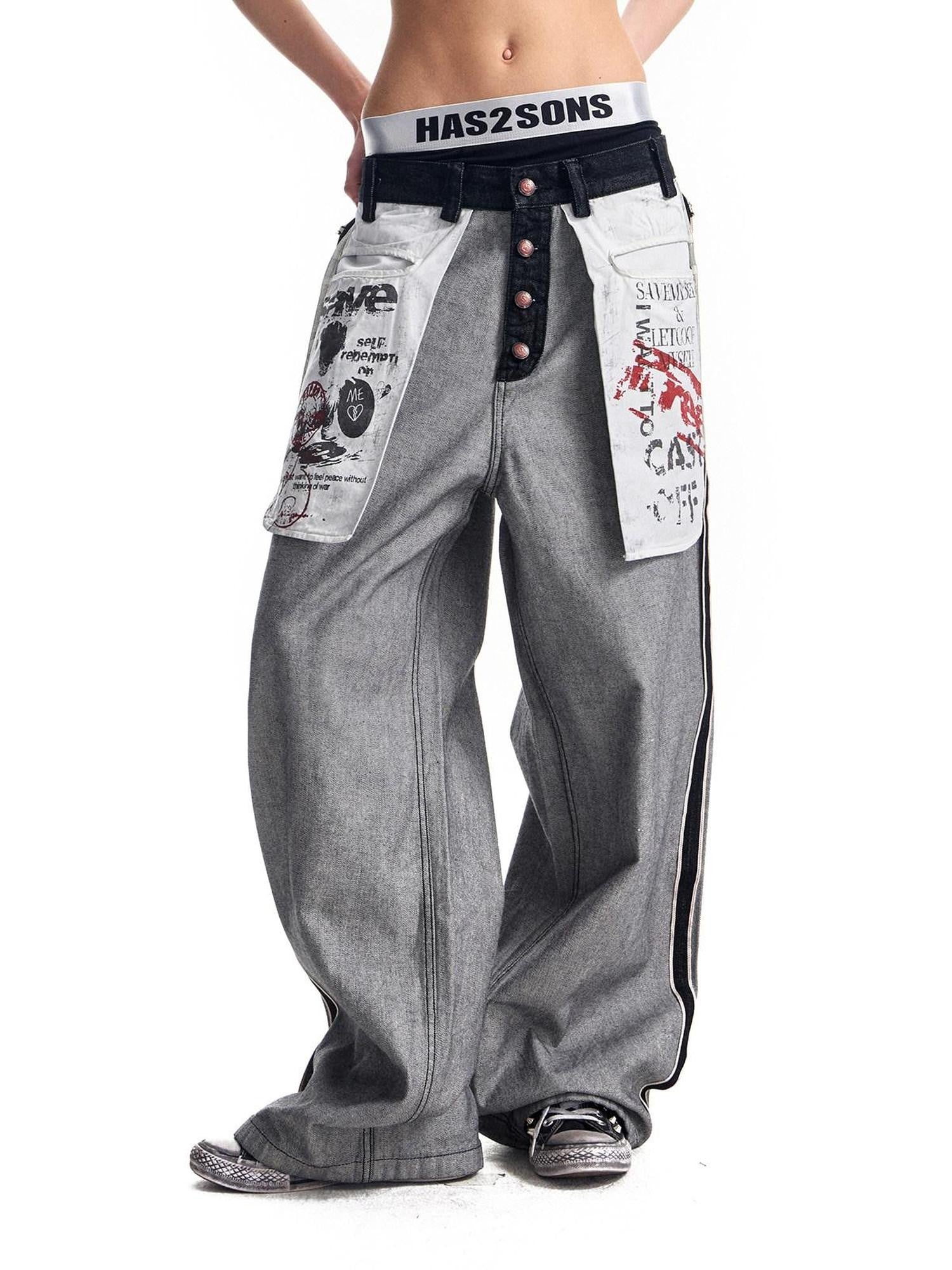 HAS2SONS Red Selvedge Raw Denim Oversized Pockets Printed Women's Cotton Straight Jeans